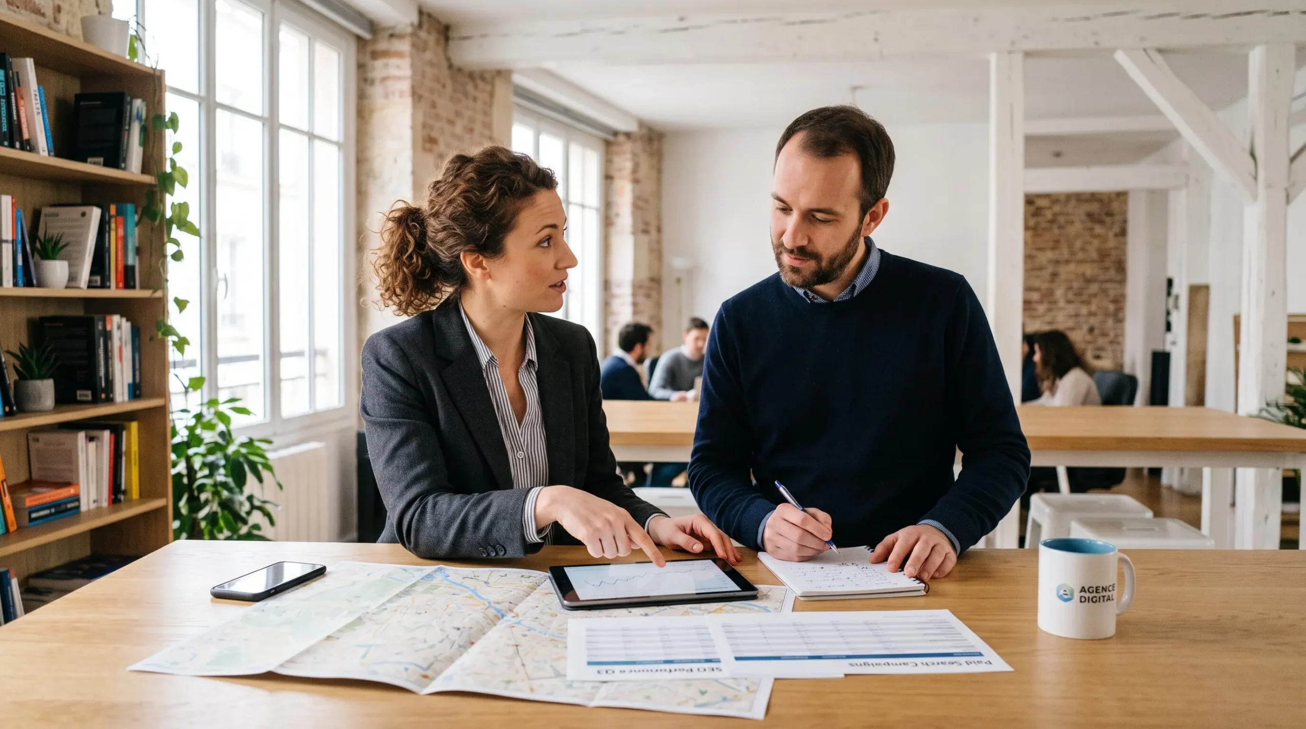 Spécialistes SEO et SEA collaborant sur une stratégie de recherche intégrée dans un espace de travail moderne