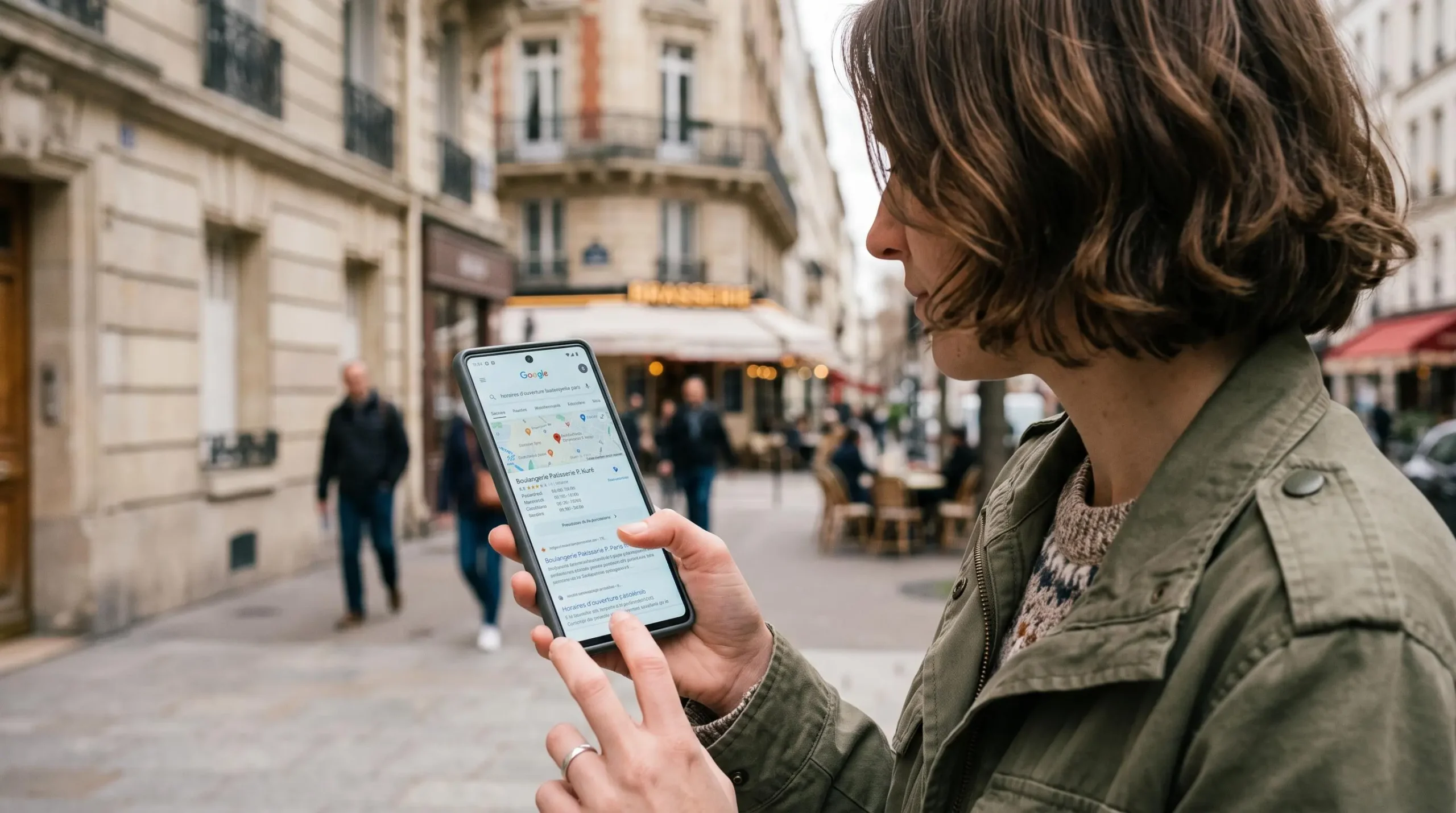 Utilisateur consultant des résultats de recherche mobile en environnement urbain français sans cliquer