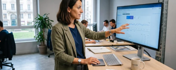 Spécialiste SEO debout analysant des métriques de performance SERP dans une agence digitale moderne