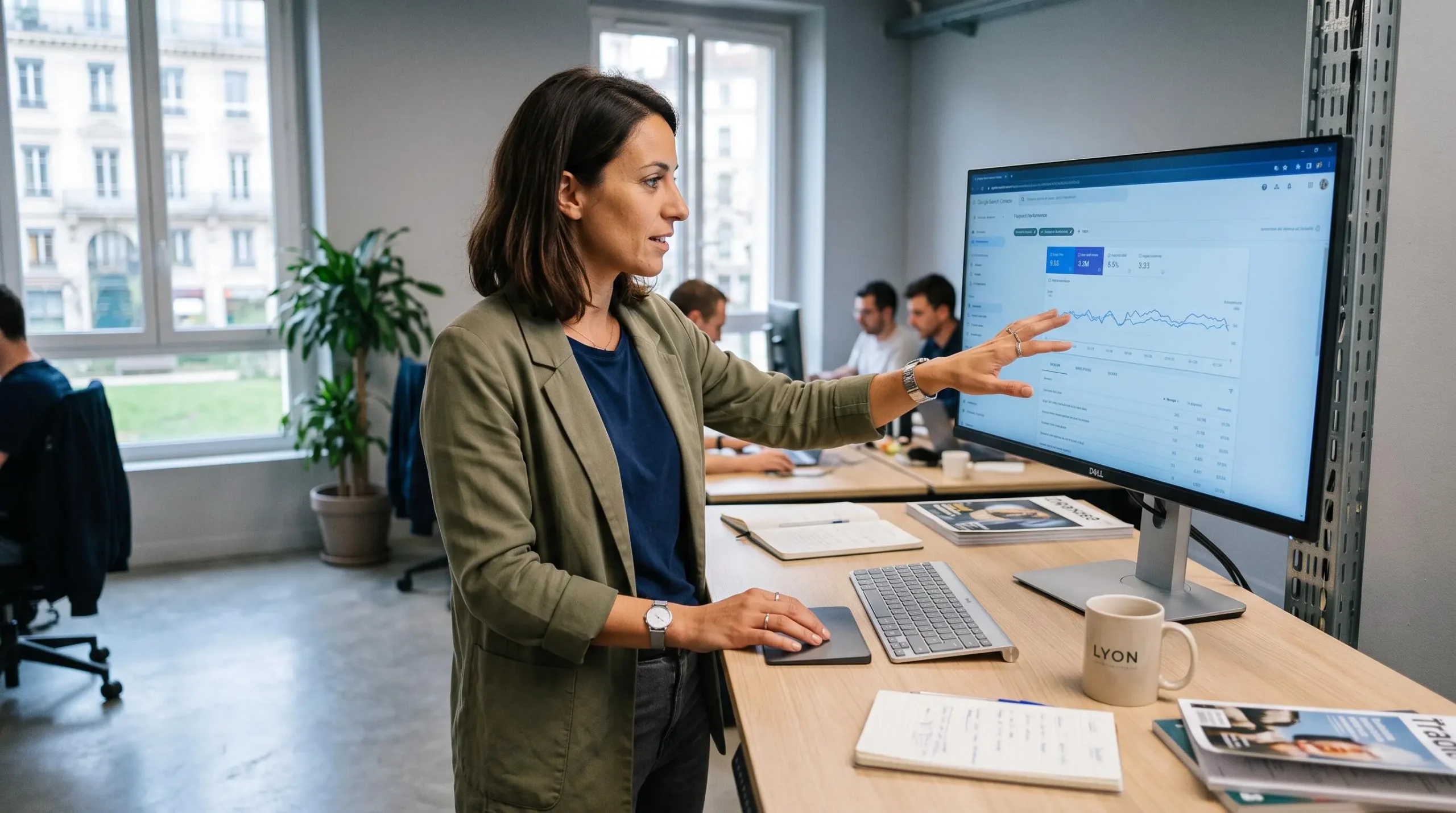 Spécialiste SEO debout analysant des métriques de performance SERP dans une agence digitale moderne